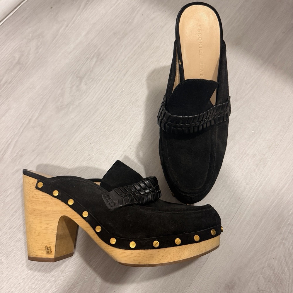Veronica Beard Grita Clogs Women 10 Black Suede Studded Platform Heels